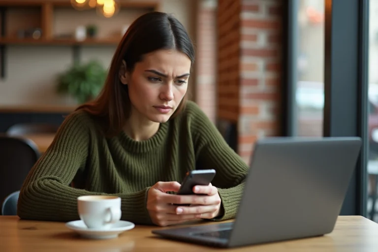 Jeune femme contactant le service client Blablacar Bus depuis son smartphone dans un café