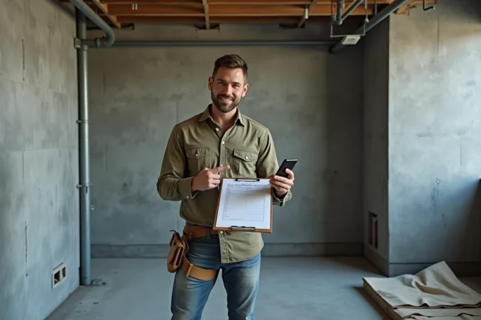 Homme vérifiant le budget de rénovation sur un clipboard dans une salle de bain en chantier
