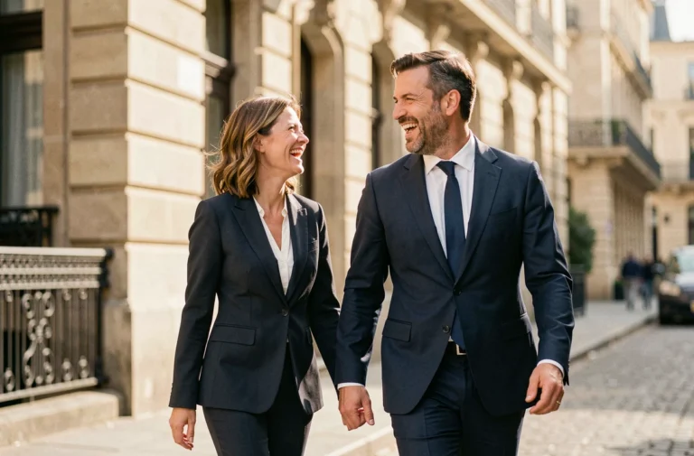 Couple élégant marchant ensemble dans une rue urbaine européenne, illustrant la curiosité autour de la vie de Samantha de Bendern et de son mari