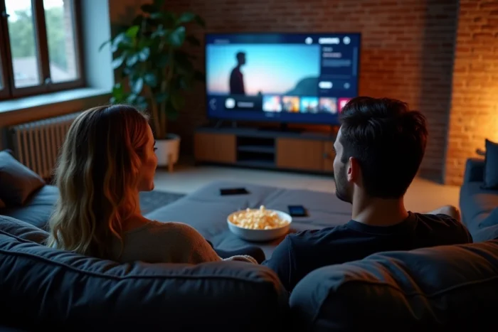 Couple regardant un film en streaming sur une TV Samsung dans un salon cosy avec du pop-corn