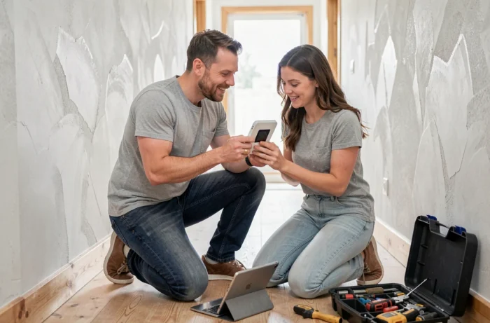 Couple installant ensemble un thermostat connecté dans le couloir d'une maison rénovée