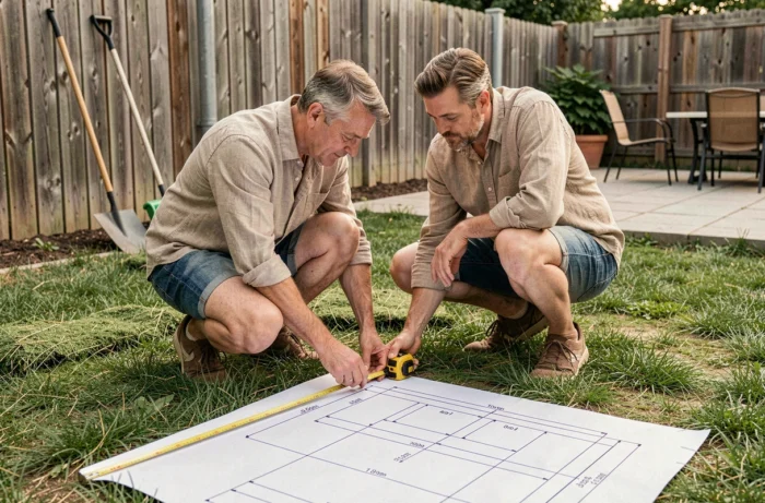 Couple mesurant l'espace disponible dans le jardin pour planifier les dimensions idéales d'une piscine familiale
