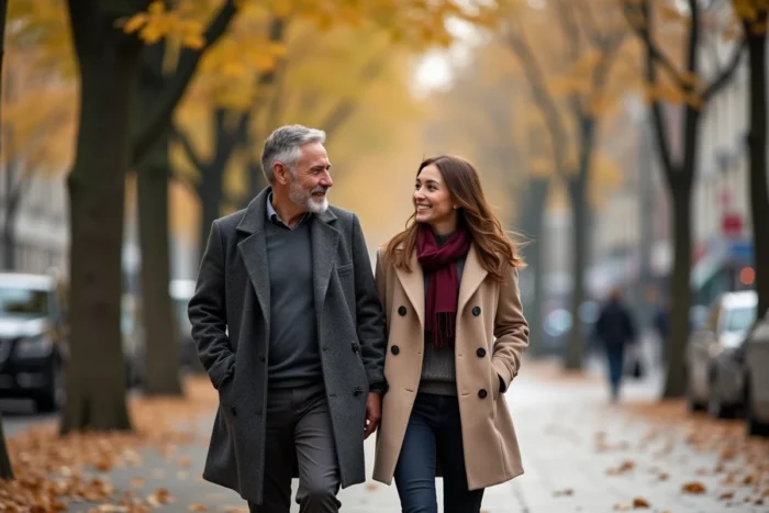 Couple élégant se promenant sur un boulevard parisien en automne avec des feuilles dorées au sol