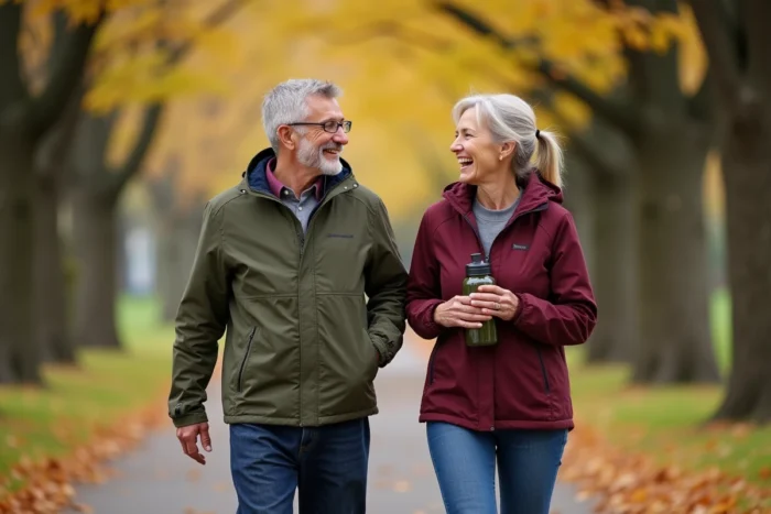 Couple de seniors actifs marchant ensemble dans un parc en automne, vêtements de sport confortables, ambiance conviviale et dynamique en plein air