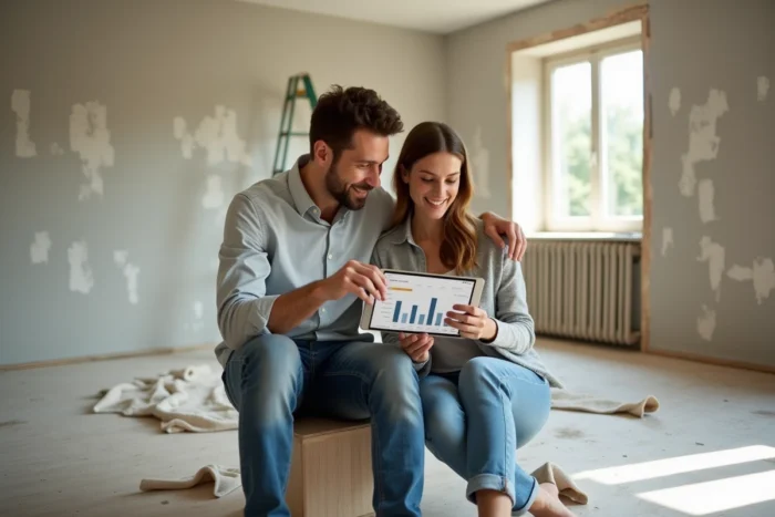 Couple analysant ensemble le tableau de bord de budget de rénovation sur une tablette dans un salon en travaux