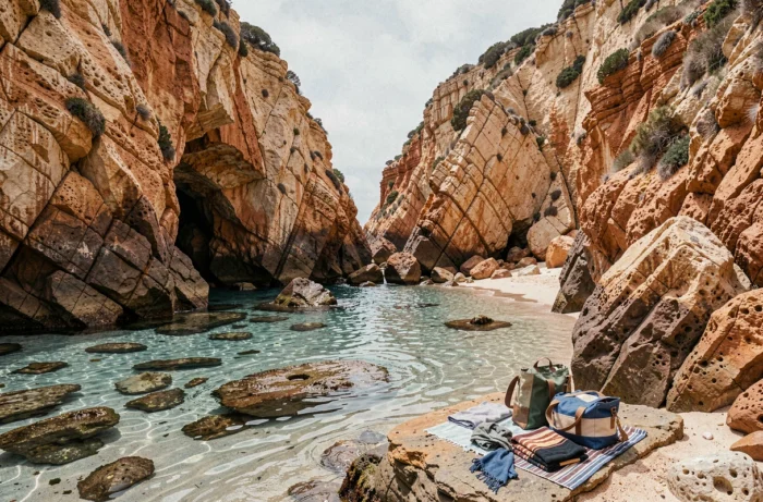Crique rocheuse isolée près d'Almada au Portugal avec falaises ocre et eaux cristallines