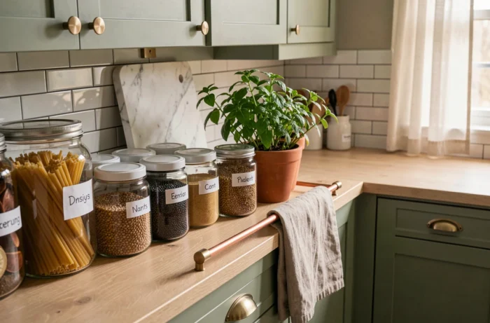 Cuisine organisée avec bocaux en verre étiquetés, herbes aromatiques et étagères en chêne dans un décor vert sauge