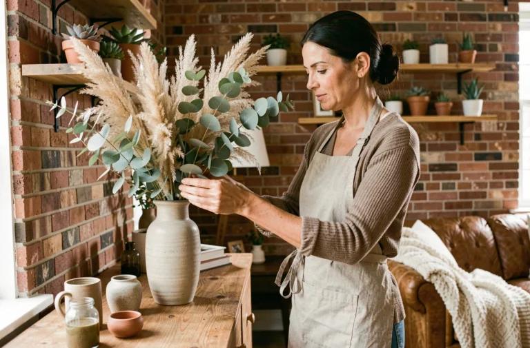 Femme arrangeant une décoration florale séchée dans un salon rustique aux murs en briques apparentes