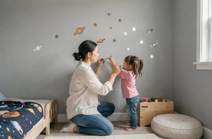 Mère et fille décorant ensemble un mur de chambre d'enfant avec des stickers thème espace