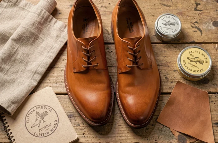 Chaussures derby artisanales françaises en cuir tanné végétal cognac posées sur une surface en bois avec accessoires de cordonnerie