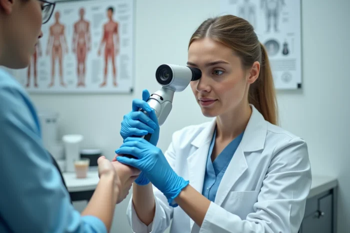 Dermatologue examinant la peau d'un patient avec un dermatoscope pour détecter des parasites cutanés