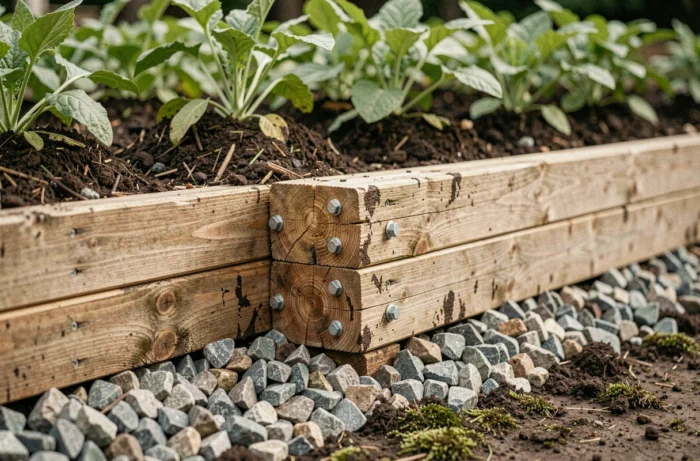 Détail d'une retenue de terre en bois avec drainage en gravier dans un jardin résidentiel