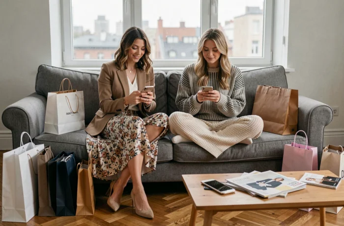 Twee trendy jonge vrouwen die mode-apps op hun smartphones bekijken, omringd door online shopping tassen in een gezellige woonkamer met een visgraatvloer