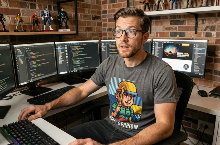 Développeur geek découvrant les nouveautés de la plateforme 123Geekos sur plusieurs écrans dans un bureau thématique rétro