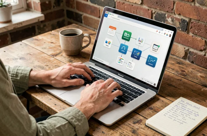 Développeur configurant une intégration d'API entre plusieurs outils dont Grovop dans un espace de coworking