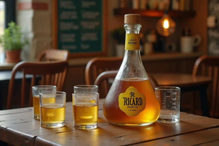 Carafe de pastis Ricard avec verres et bouteille d'un litre sur table en bois de bistro français