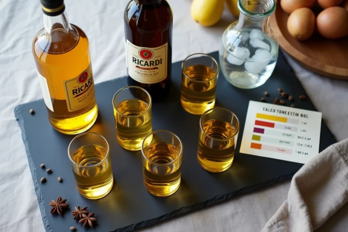 Vue de dessus d'un plateau ardoise avec bouteille de Ricard, verres dosés et carafe d'eau pour apéritif