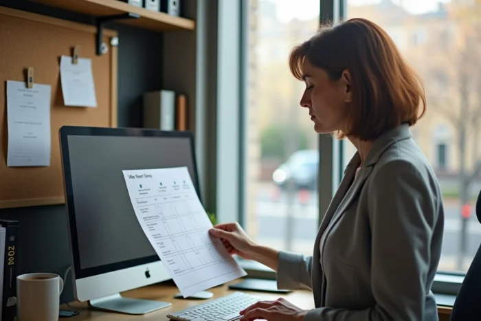 Employée de bureau consultant un planning imprimé de gestion des temps et activités au poste de travail