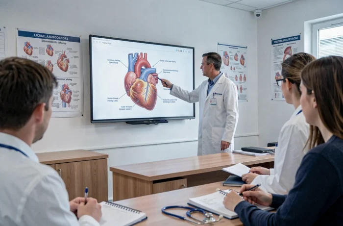 Professeur de médecine enseignant les foyers d'auscultation cardiaque à des étudiants en médecine