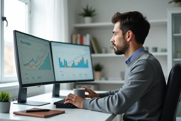 Entrepreneur analysant des données de croissance sur double écran dans un bureau minimaliste au style scandinave