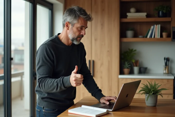 Entrepreneur travaillant depuis chez lui sur sa stratégie de développement d'activité en ligne avec un ordinateur portable