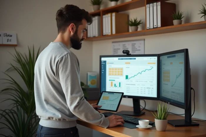 Entrepreneur en télétravail gérant ses tâches quotidiennes sur un tableau de bord numérique