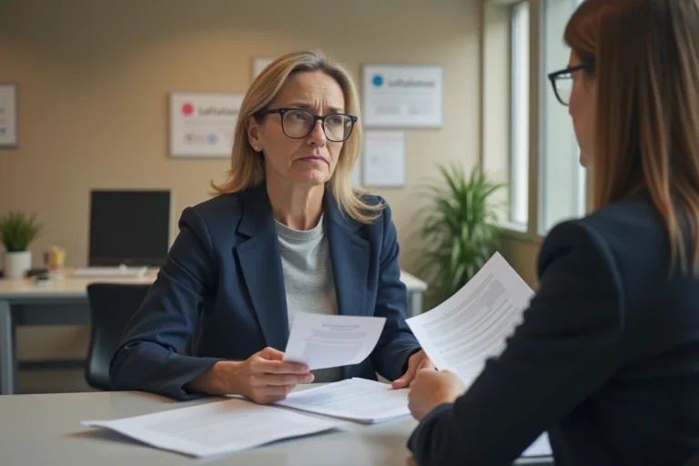 Femme en entretien avec un conseiller Pôle Emploi dans une agence française, examinant des documents liés à sa recherche d'emploi
