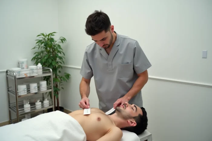 Esthéticien professionnel appliquant de la cire sur la zone du maillot d'un client masculin dans un salon esthétique