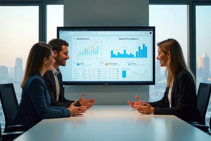 Équipe de professionnels analysant des données de recherche Google sur un tableau de bord en salle de réunion