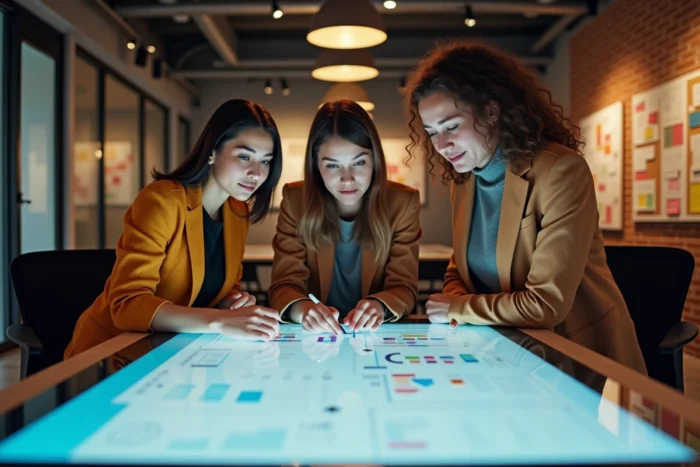 Équipe de professionnels collaborant autour d'une table numérique pour développer des services en ligne dans un espace de co-working
