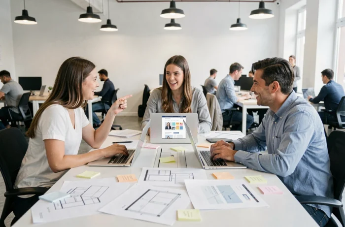 Team van professionals die samenwerken aan de creatie van een professionele website rond een vergadertafel in een coworkingruimte