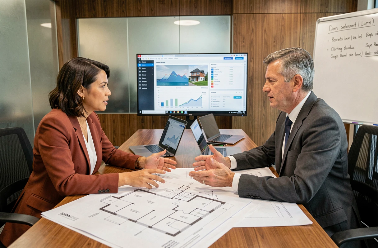 Deux professionnels de l'immobilier collaborant autour d'outils d'analyse intelligents lors d'une réunion