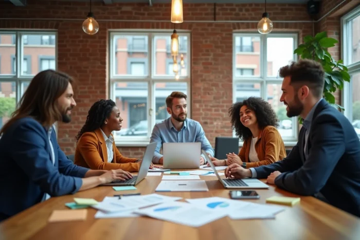Équipe pluridisciplinaire en réunion stratégique autour d'une table de travail dans un espace de co-working innovant
