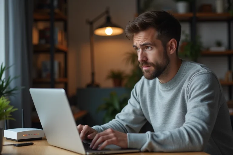 Homme confus devant un ordinateur portable affichant une erreur de connexion ShareCloudy malgré un routeur Wi-Fi actif en arrière-plan