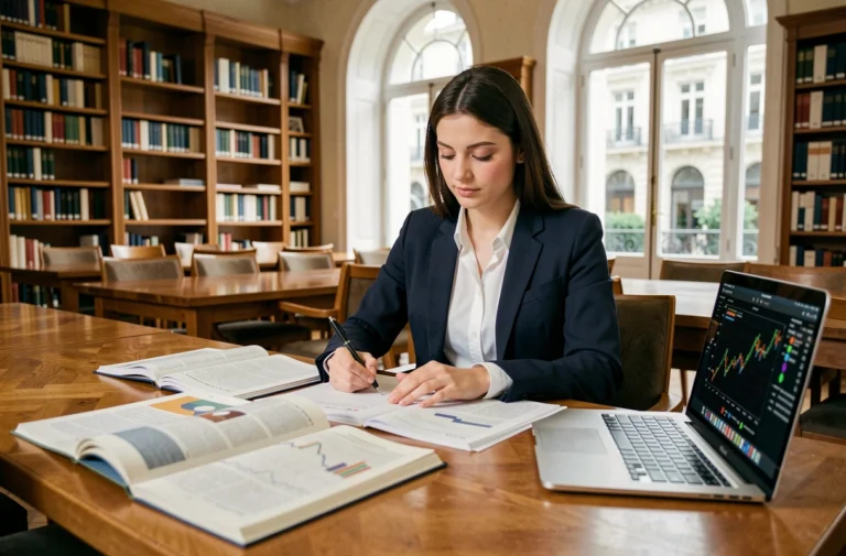 Étudiante en master de finance El Karoui travaillant sur des modèles quantitatifs dans une salle de cours universitaire parisienne
