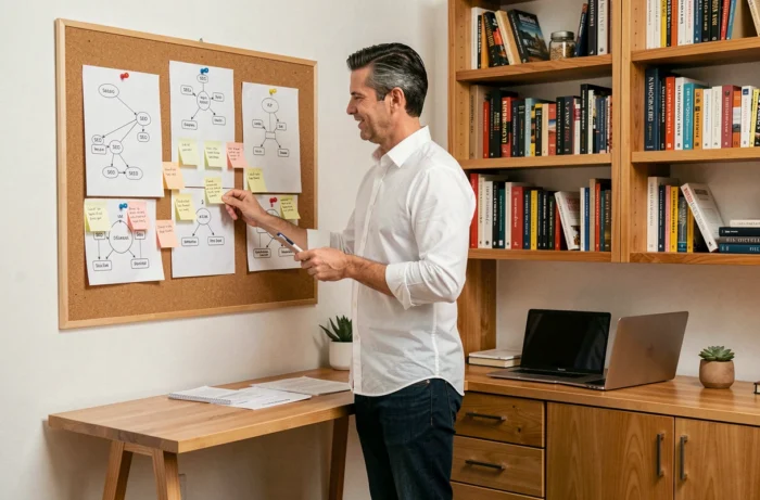 Expert en référencement naturel planifiant une stratégie SEO sur un tableau de planification dans un bureau à domicile