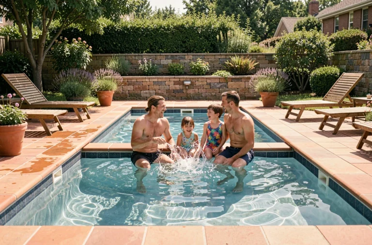 Famille profitant d'une piscine rectangulaire de taille moyenne dans un jardin aménagé, illustrant les dimensions adaptées à une piscine familiale