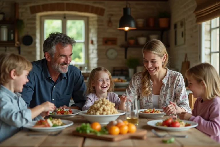 Famille réunie autour d'une table en bois rustique dans une cuisine de maison de campagne française