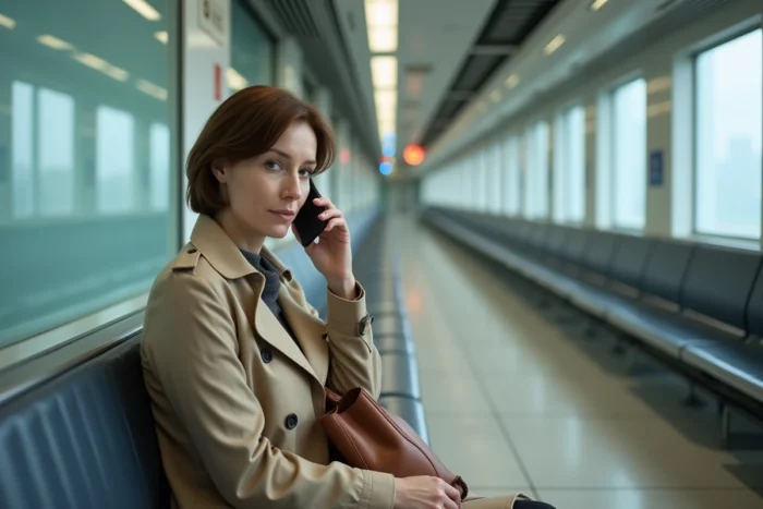Femme appelant le service d'assistance Blablacar Bus depuis une salle d'attente de gare