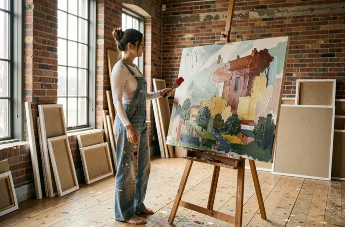Femme artiste peintre au travail dans son atelier lumineux, alliant héritage du mannequinat et pratique des beaux-arts