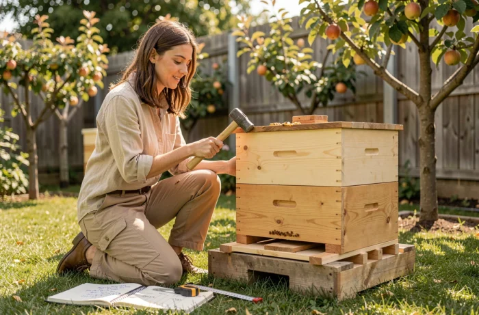 Jeune femme assemblant une ruche en bois dans son jardin avec des notes de planification apicole posées sur l'herbe