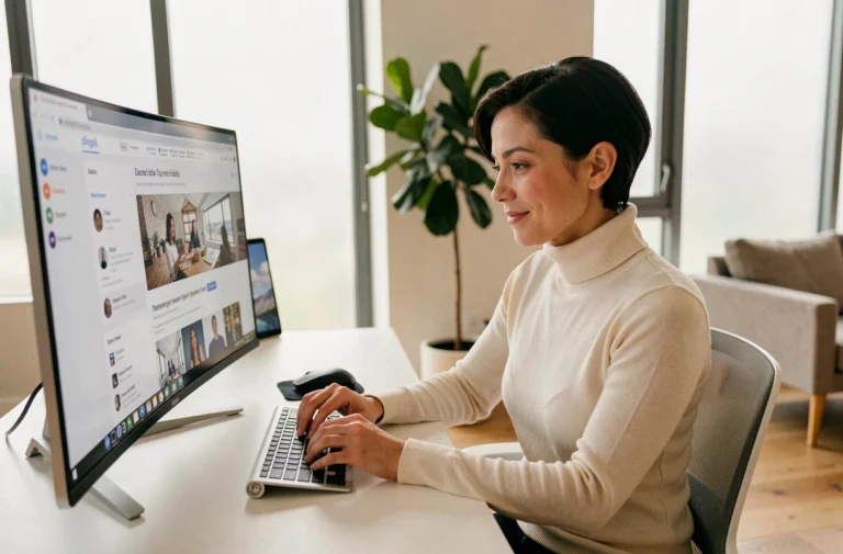 Femme assise à un bureau moderne naviguant sur les dernières tendances du web sur un grand écran ultrawide