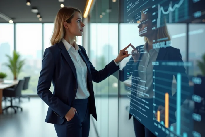 Femme cadre en blazer marine présentant des indicateurs de croissance sur un écran numérique dans un bureau moderne vitré