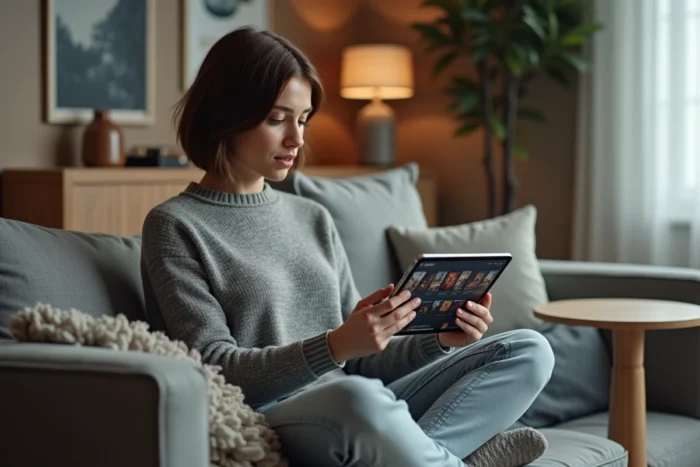 Femme consultant un catalogue de films en ligne sur tablette dans un salon moderne