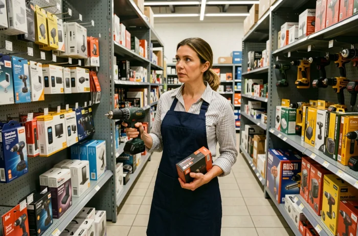 Femme choisissant des outils de bricolage et appareils connectés dans un magasin de bricolage
