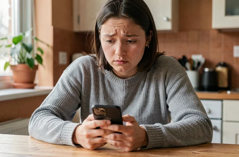 Jeune femme consultant un profil bloqué sur Instagram depuis son smartphone à la maison
