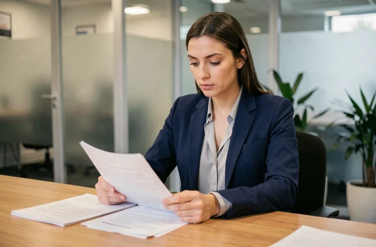 Femme en blazer bleu étudiant des documents de financement Pôle Emploi pour le DAEU dans un bureau moderne