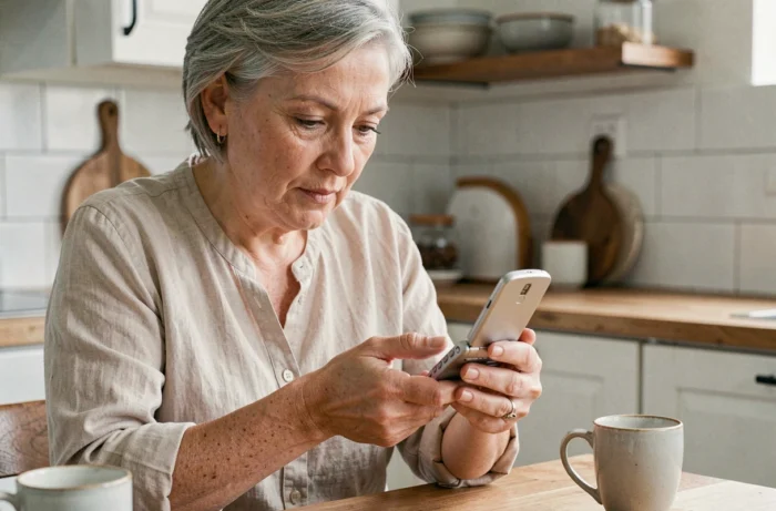 Femme d'une cinquantaine d'années tenant un téléphone à clapet Motorola Razr V3 argent ouvert, examinant le téléphone vintage avec nostalgie dans une cuisine