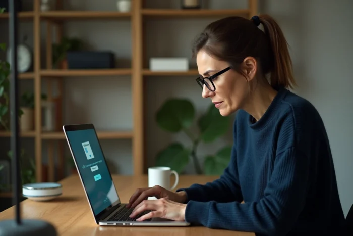 Femme consultant un gestionnaire de mots de passe sur son ordinateur portable dans un bureau à domicile organisé