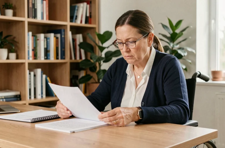 Femme en fauteuil roulant consultant des documents administratifs pour la majoration pour la vie autonome à son domicile
